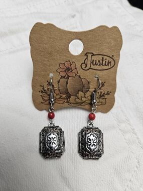 Justin Boots Silver-Tone Floral Medallion Dangle Earrings with Red Beads